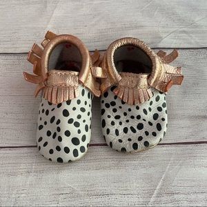 Freshly Picked Cow Print Rose Gold Moccasins sz 4